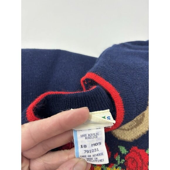 VTG 70s 80 Knit Kids Sweater Pullover Toddler Size 18 Mons Blue Teddy Bear Roses - Picture 6 of 12